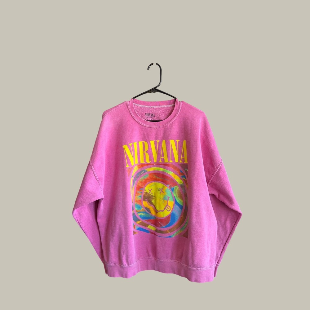 Nirvana Smiley Pink Psychedelic Swirl Oversized Sweatshirt SM Fits XL